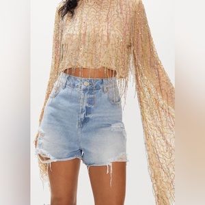 Nasty Gal Flared Sleeve Tassel Sequin Crop Top